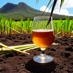 **

A vibrant, sun-drenched sugarcane field in Mauritius. Volcanic soil visible. In the foreground, a tasting glass filled with golden rum, reflecting the sugarcane field. Focus on the rich colors and textures, evoking a sense of terroir and unique Mauritian flavor.

**