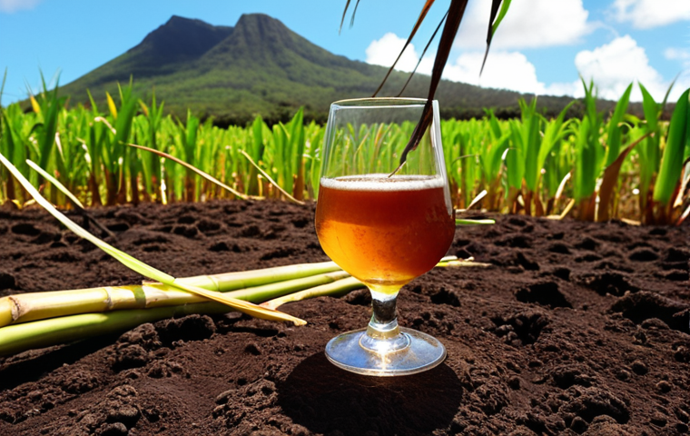 **

A vibrant, sun-drenched sugarcane field in Mauritius. Volcanic soil visible. In the foreground, a tasting glass filled with golden rum, reflecting the sugarcane field. Focus on the rich colors and textures, evoking a sense of terroir and unique Mauritian flavor.

**