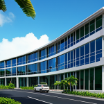 모리셔스 경제 상황 - "A modern office building with solar panels on the roof, reflecting the clear blue Mauritian sky. Lu...