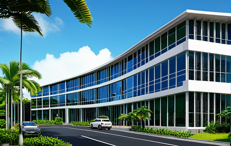 모리셔스 경제 상황 - "A modern office building with solar panels on the roof, reflecting the clear blue Mauritian sky. Lu...