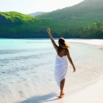 모리셔스 항공권 할인 - **Prompt 1: Serene Mauritian Beach Scene with a Traveler**
    "A breathtaking aerial view of a pris...