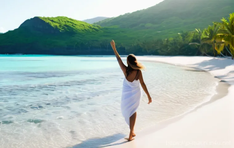 모리셔스 항공권 할인 - **Prompt 1: Serene Mauritian Beach Scene with a Traveler**
    "A breathtaking aerial view of a pris...