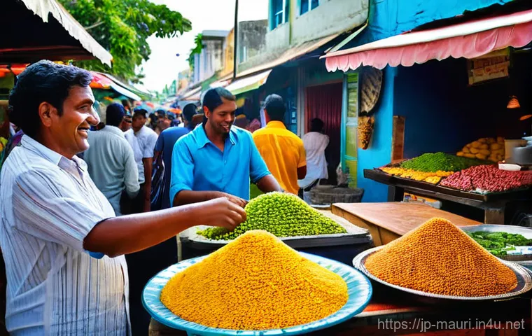 모리셔스 물가 비교 - **Vibrant Mauritian Market and Street Food Scene:**
    A bustling, lively outdoor market in Mauriti...