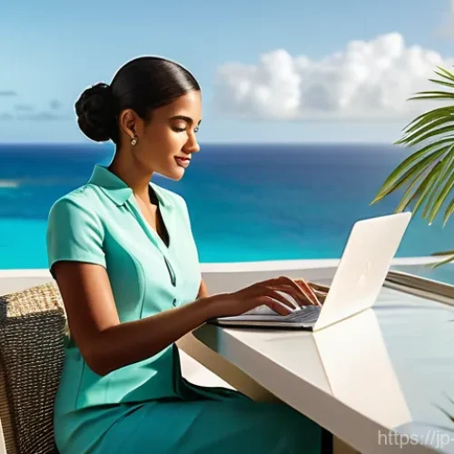 모리셔스 비즈니스 기회 - A diverse business professional, dressed in smart, modest business casual attire, is working intentl...