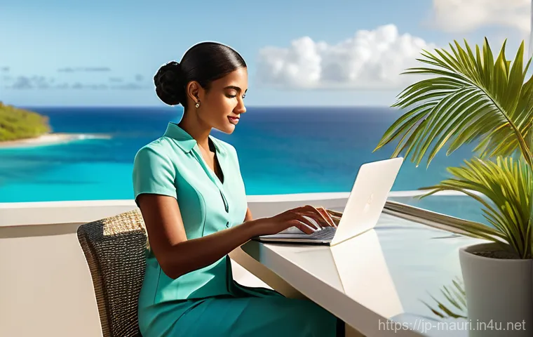 모리셔스 비즈니스 기회 - A diverse business professional, dressed in smart, modest business casual attire, is working intentl...