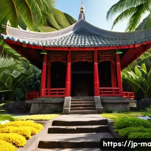 모리셔스 불교 사원 - **A Serene Mauritian Buddhist Temple Amidst Tropical Lushness.**
    A wide shot of a tranquil Buddh...
