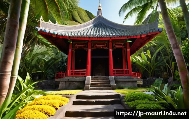 모리셔스 불교 사원 - **A Serene Mauritian Buddhist Temple Amidst Tropical Lushness.**
    A wide shot of a tranquil Buddh...