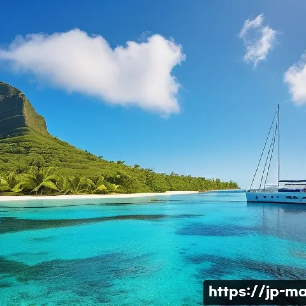 모리셔스 요트 체험 - A serene yacht sailing on the crystal-clear turquoise waters of Mauritius in the early morning, sunl...