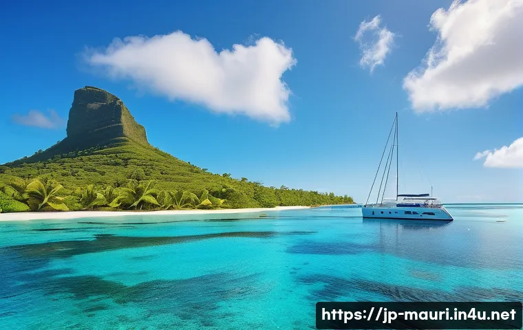 모리셔스 요트 체험 - A serene yacht sailing on the crystal-clear turquoise waters of Mauritius in the early morning, sunl...