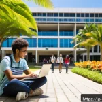 모리셔스 유학생 지원 - A vibrant university campus scene in Mauritius during daytime, showing diverse international student...