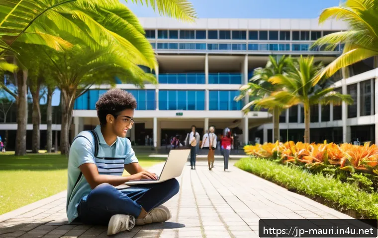모리셔스 유학생 지원 - A vibrant university campus scene in Mauritius during daytime, showing diverse international student...