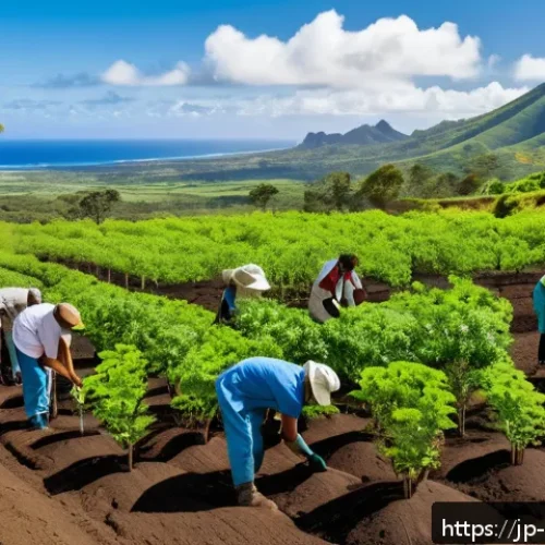 모리셔스 환경 보호 정책 - A lush reforestation scene in Mauritius featuring diverse native tree species being carefully plante...
