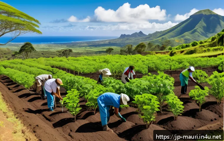 모리셔스 환경 보호 정책 - A lush reforestation scene in Mauritius featuring diverse native tree species being carefully plante...