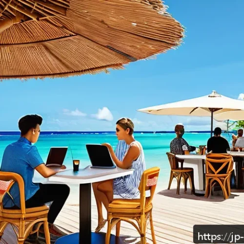 모리셔스 인터넷 속도 - A modern caf&eacute; terrace by the seaside in Grand Bay, Mauritius, during daytime with tourists casually ...