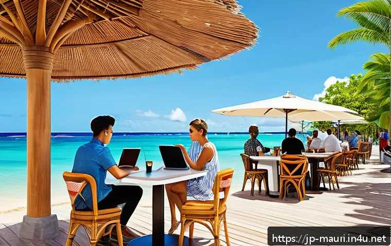 모리셔스 인터넷 속도 - A modern caf&eacute; terrace by the seaside in Grand Bay, Mauritius, during daytime with tourists casually ...