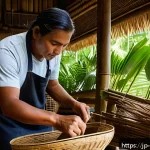 모리셔스 전통 공예품 - A traditional Mauritian artisan workshop scene showing skilled craftsmen weaving palm leaf baskets a...