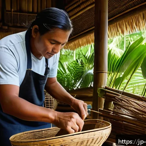 모리셔스 전통 공예품 - A traditional Mauritian artisan workshop scene showing skilled craftsmen weaving palm leaf baskets a...