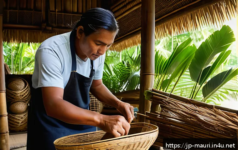 모리셔스 전통 공예품 - A traditional Mauritian artisan workshop scene showing skilled craftsmen weaving palm leaf baskets a...
