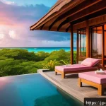 모리셔스 지역별 숙박 특징 - A luxurious beachfront private villa in Mauritius during sunset, featuring a spacious terrace with a...