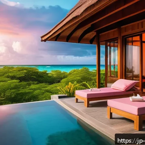 모리셔스 지역별 숙박 특징 - A luxurious beachfront private villa in Mauritius during sunset, featuring a spacious terrace with a...