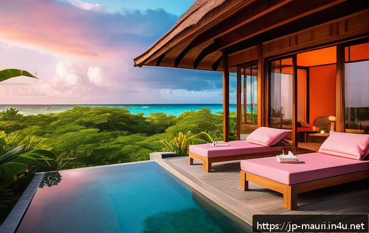 모리셔스 지역별 숙박 특징 - A luxurious beachfront private villa in Mauritius during sunset, featuring a spacious terrace with a...