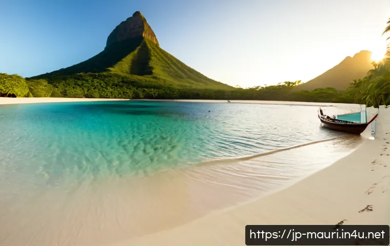 모리셔스 사진 명소 추천 - Photorealistic sunrise at Le Morne Brabant, Mauritius, dramatic green mountain rising behind a prist...